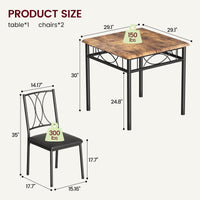 Ensemble table et chaises Garvee 3 pièces pour 2 personnes, marron rétro, structure en métal, chaises rembourrées, plateau en MDF, gain de place, idéal pour les petites pièces