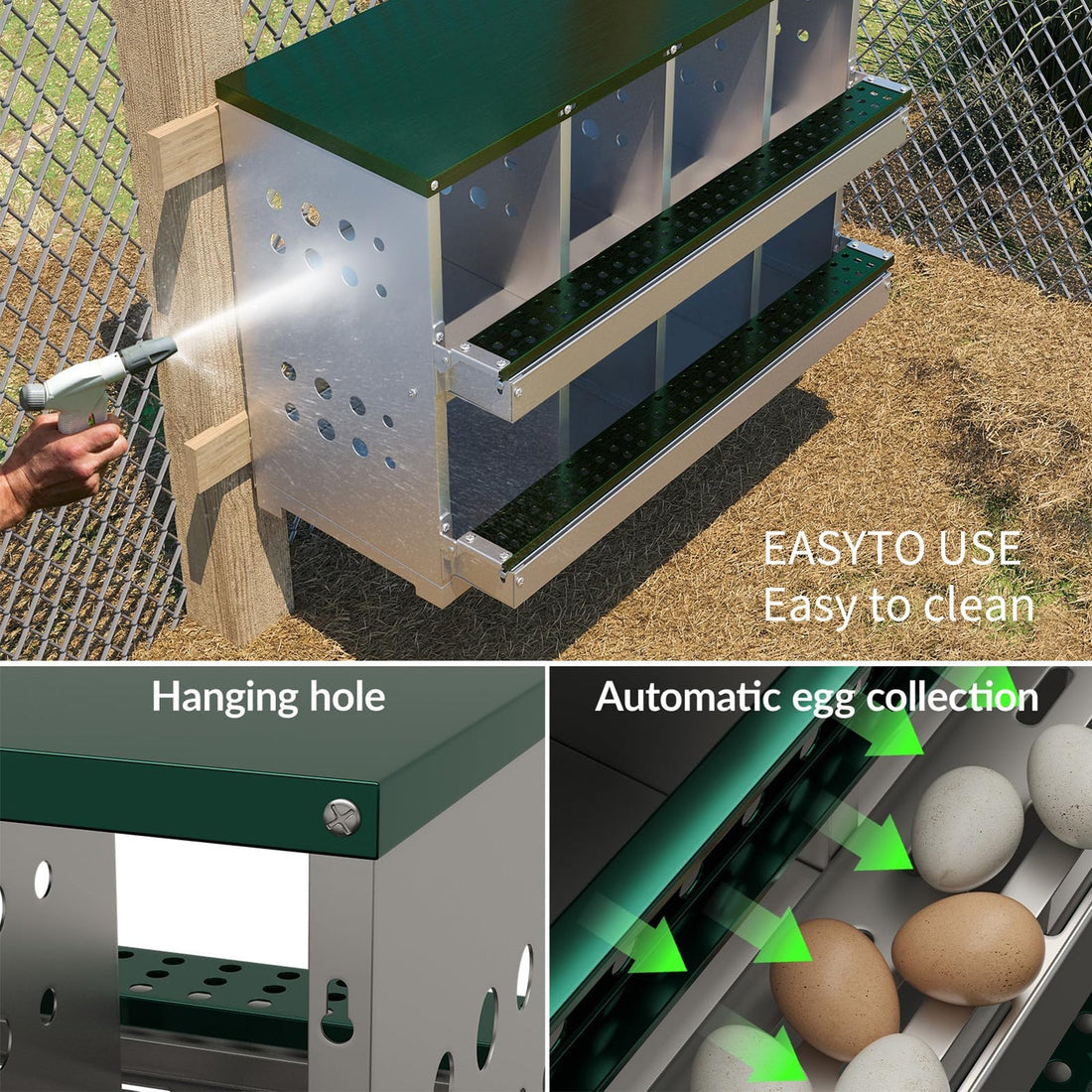 Garvee Pondoir pour poules 2 niveaux 8 compartiments, acier galvanisé vert foncé antirouille, avec 8 œufs factices, plateau de collecte et perchoir
