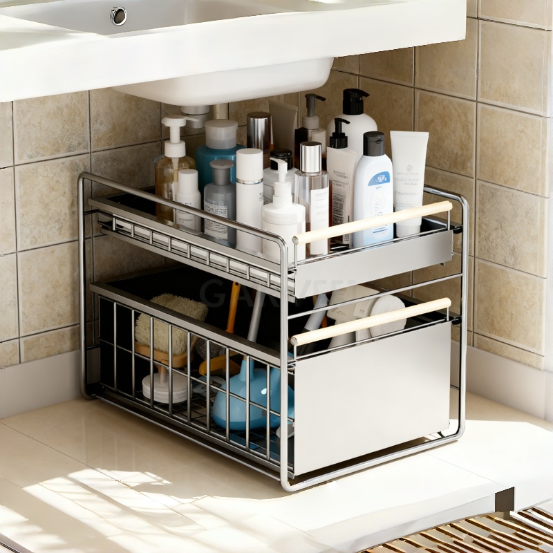Garvee organiseur de tiroir à 2 niveaux, 39 × 28 × 40 cm, argent, système de rangement gain de place pour la cuisine et la salle de bain