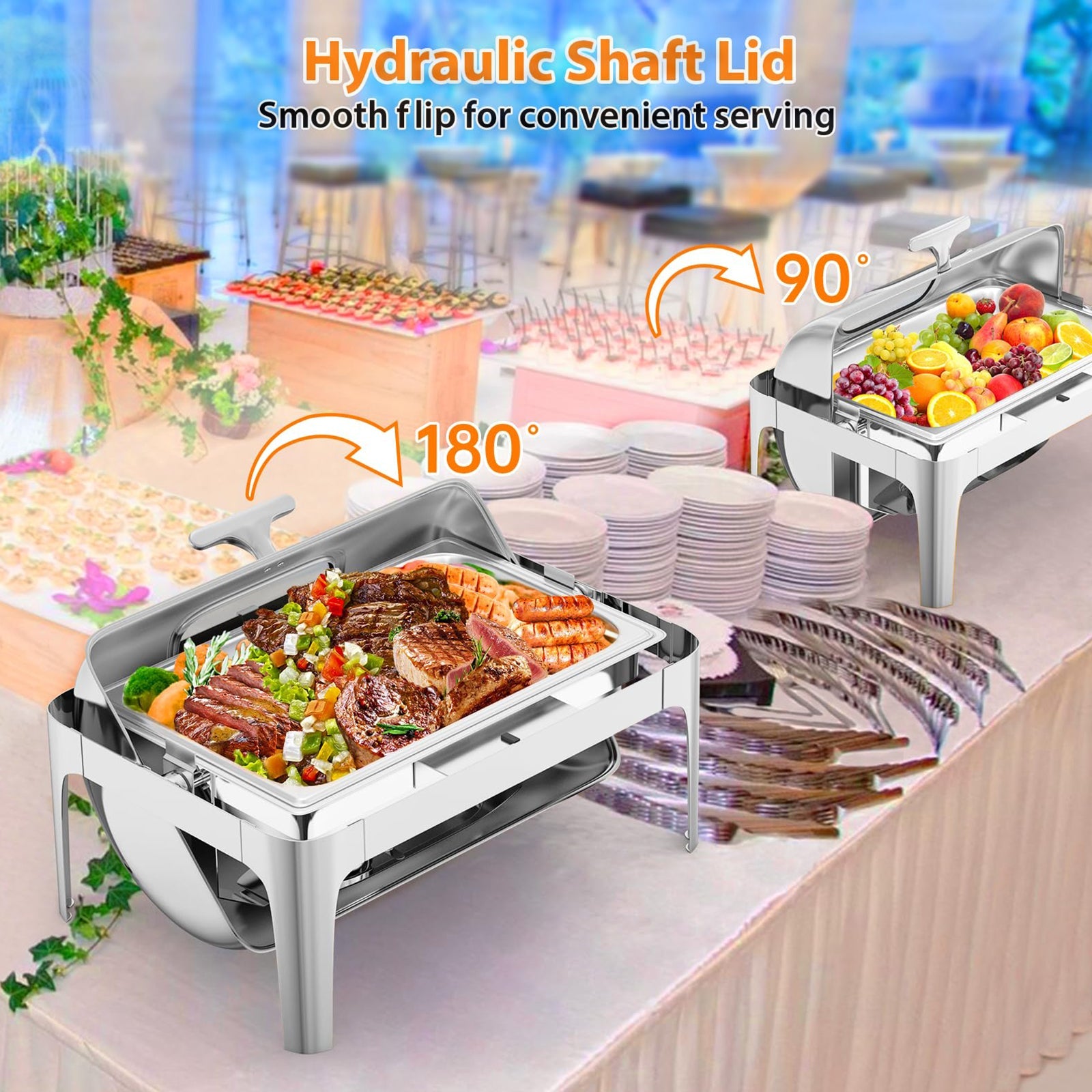 Chafing dish Garvee 9 Qt à couvercle roulant avec fenêtre en verre, chauffe-plats en acier inoxydable pour buffets et traiteurs, maintient les aliments au chaud ou au froid.