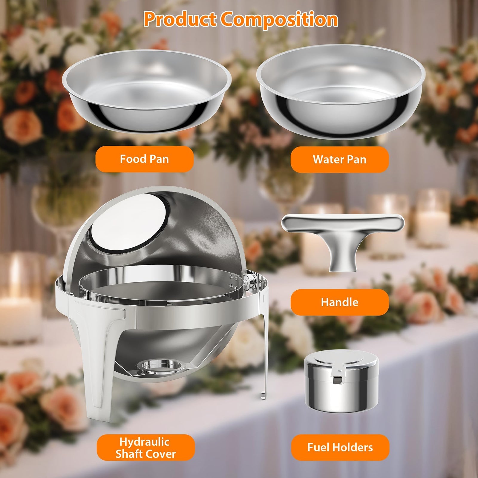 Chafing dish Garvee à couvercle roulant, 6,3 L, en acier inoxydable avec fenêtre en verre, ouverture à 90/180° et poignée en T. Idéal pour les fêtes, banquets, buffets et hôtels.