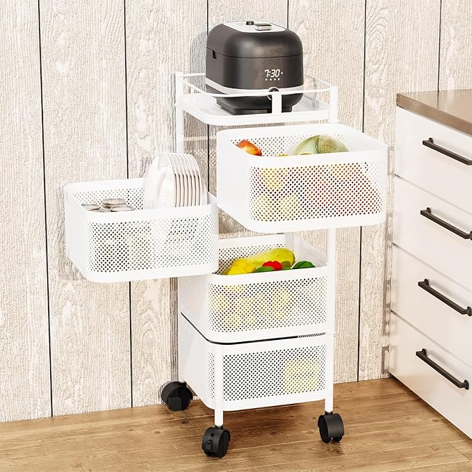 GARVEE Chariot de rangement rotatif 4 niveaux en acier carbone avec roulettes, pour chambre d’enfant, cuisine et organisation des jouets