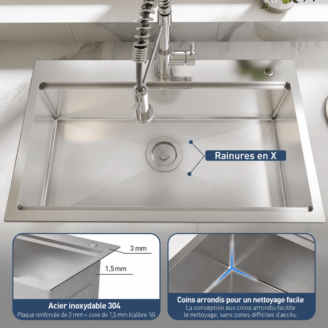 Garvee Évier de Cuisine Encastrable 1 Bac Profond en Acier Inoxydable 304, Robinet Ressort Extractible et Kit de Vidange, 76.2x45.7x22.9cm
