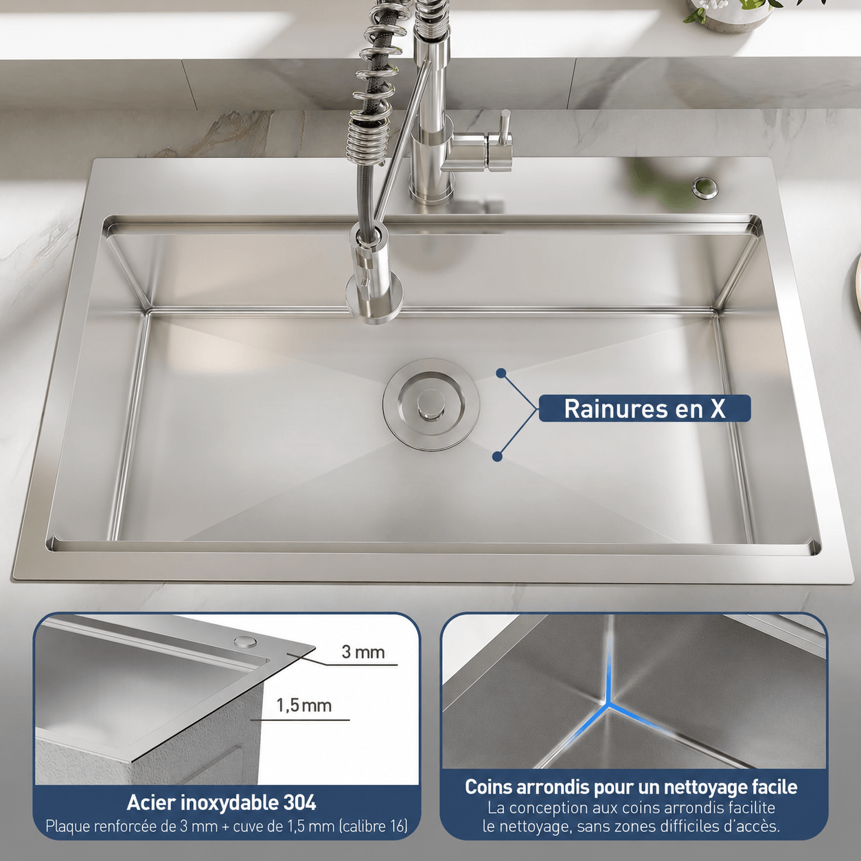 Garvee Évier de Cuisine Encastrable 1 Bac Profond en Acier Inoxydable 304, Robinet Ressort Extractible et Kit de Vidange, 75 x 46 x 23 cm