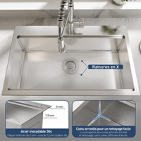 Garvee Évier de Cuisine Encastrable 1 Bac Profond en Acier Inoxydable 304, Robinet Ressort Extractible et Kit de Vidange, 75 x 46 x 23 cm