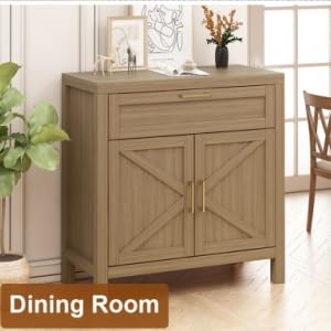 Buffet Garvee avec rangement, style campagne moderne, 2 portes, étagère réglable, MDF P2, poignées dorées, salon, cuisine, 87 cm L x 90 cm H, couleur bois