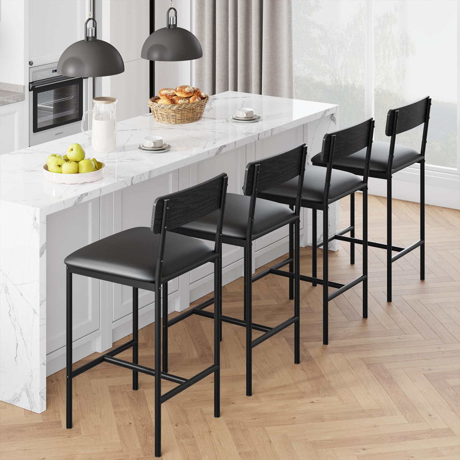 GARVEE Lot de 2 tabourets de bar avec dossier rembourré et repose-pieds, pour cuisine salon salle à manger, 36,8 x 42 x 88 cm, noir