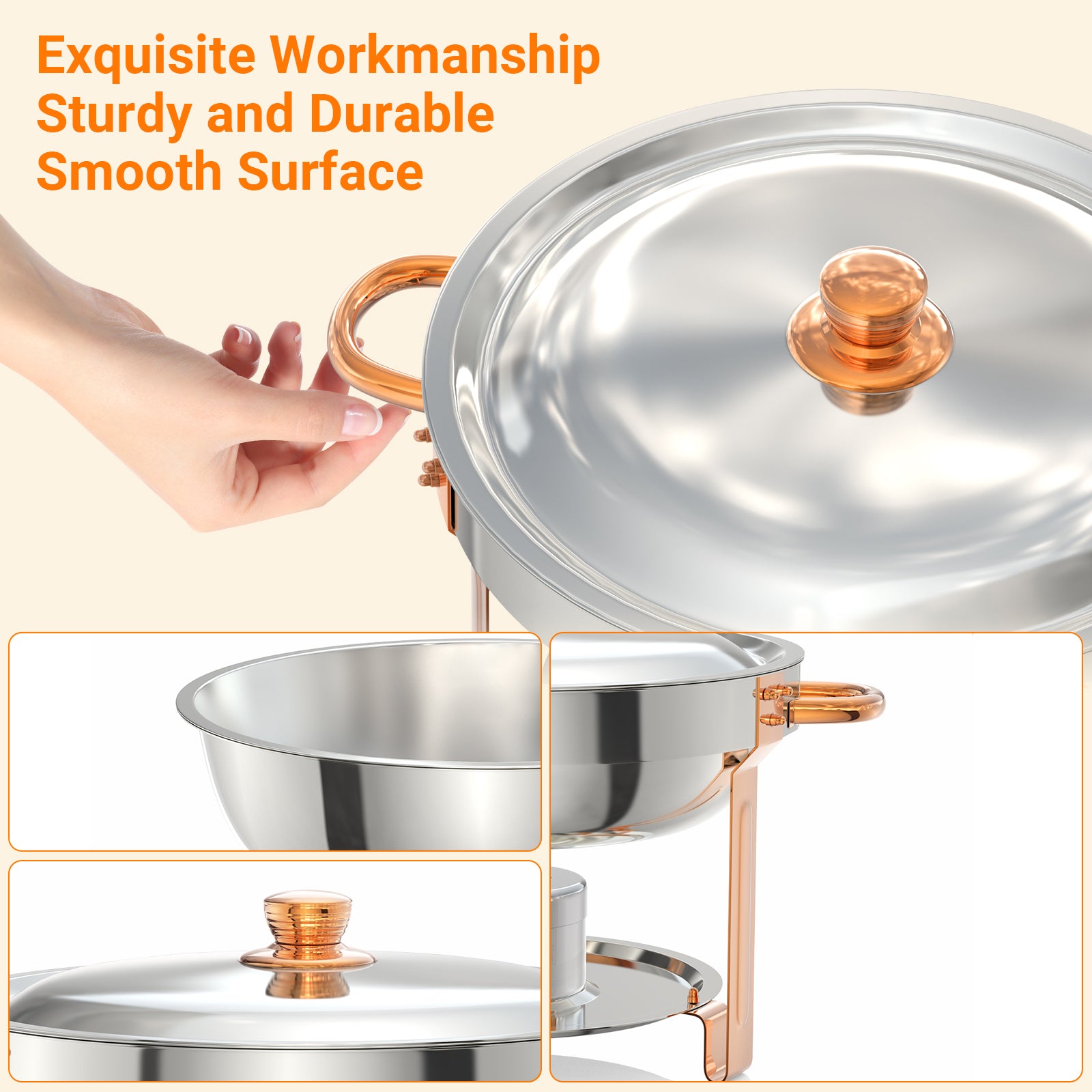 Ensemble de 6 pièces Garvee : réchauds ronds de 5 pintes en acier inoxydable doré rose, design rond, parfaits pour les traiteurs et les mariages.