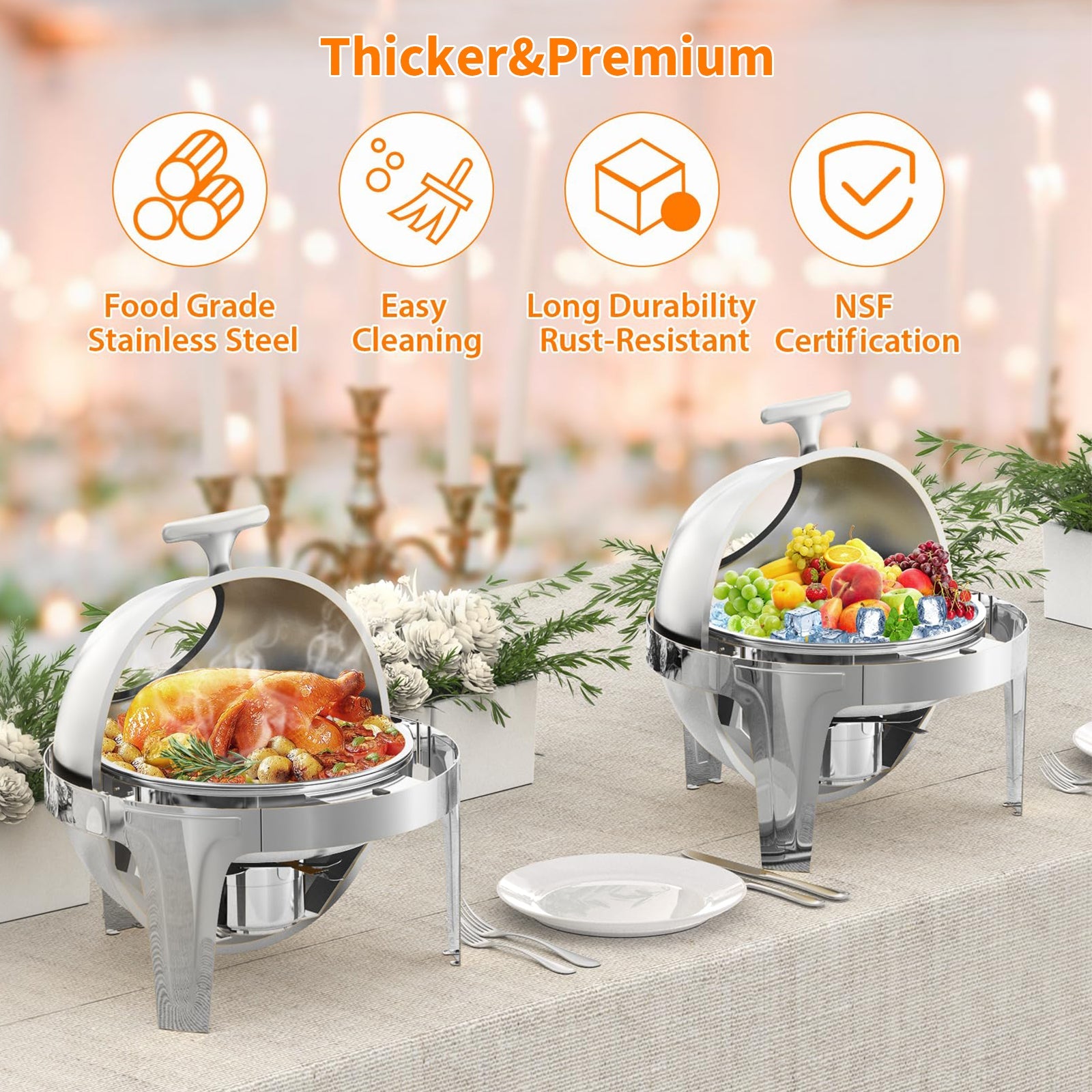 Chafing dish Garvee à couvercle roulant, 6,3 L, en acier inoxydable avec fenêtre en verre, ouverture à 90/180° et poignée en T. Idéal pour les fêtes, banquets, buffets et hôtels.