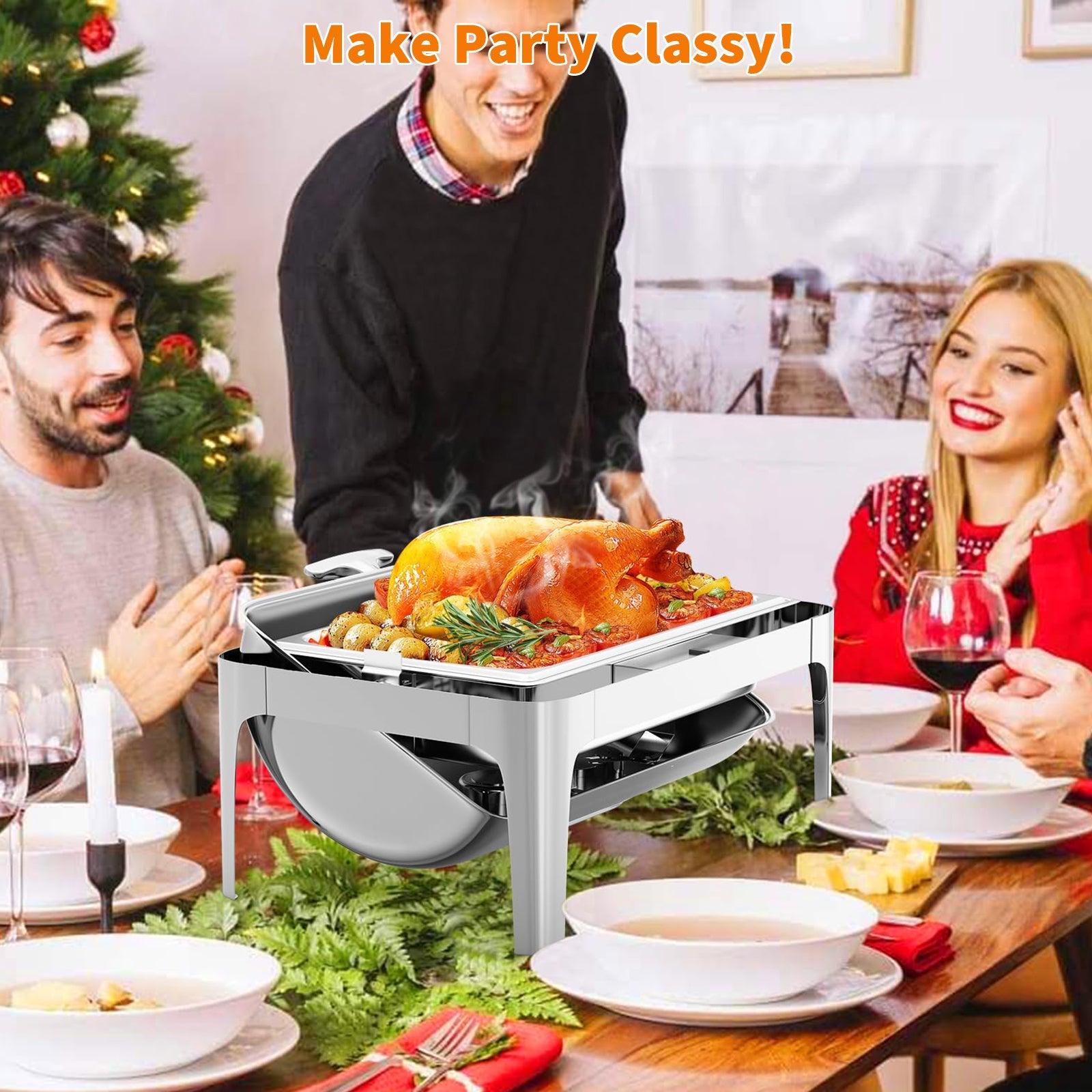 Chafing dish Garvee 9 Qt à couvercle roulant avec fenêtre en verre, chauffe-plats en acier inoxydable pour buffets et traiteurs, maintient les aliments au chaud ou au froid.
