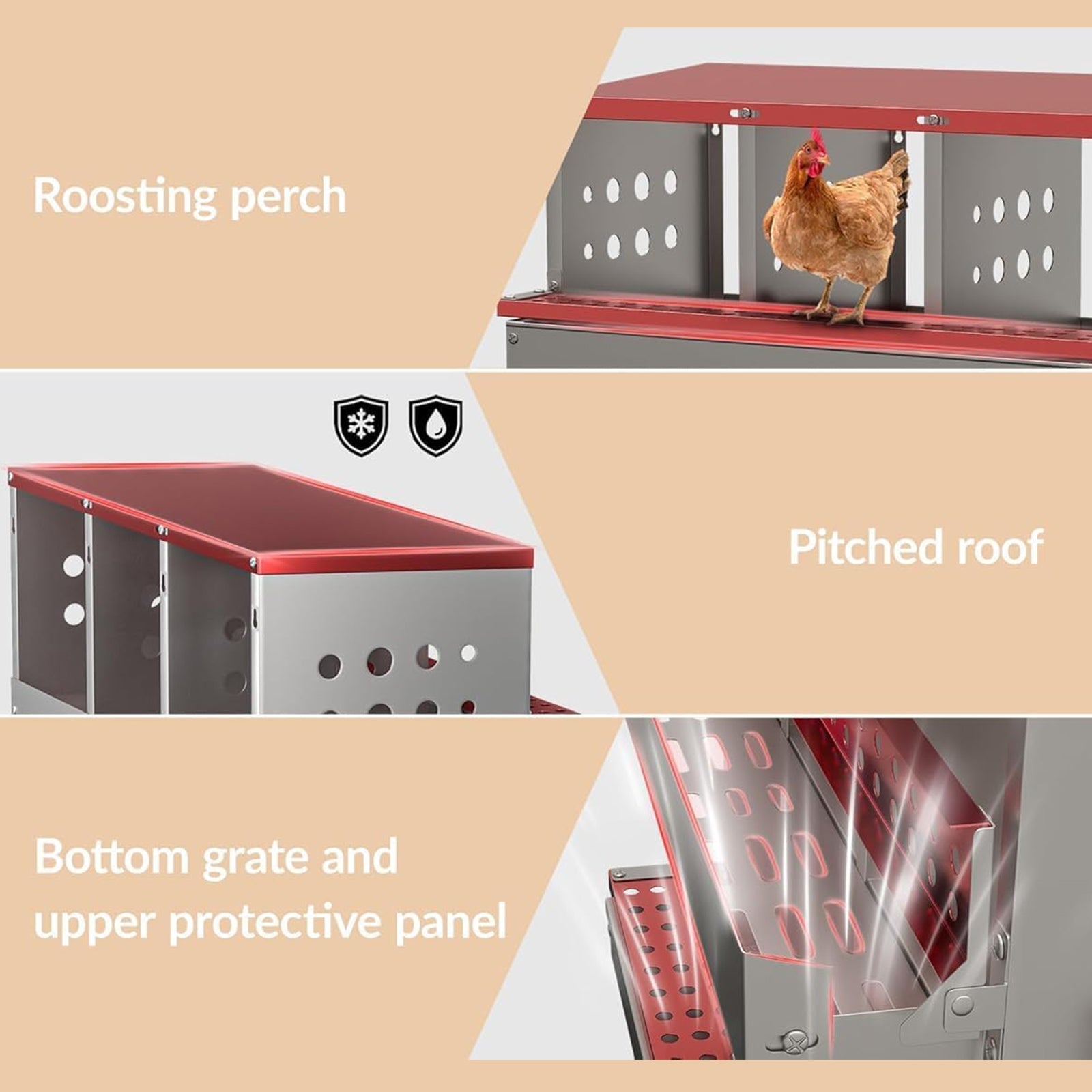 Nichoirs Garvee pour poules, 6 compartiments, en métal, dimensions totales avec support : 69 x 43 x 78 cm, dimensions par compartiment : 23 x 25 x 21,5 cm, acier galvanisé étanche, pour 6 poules (rouge)