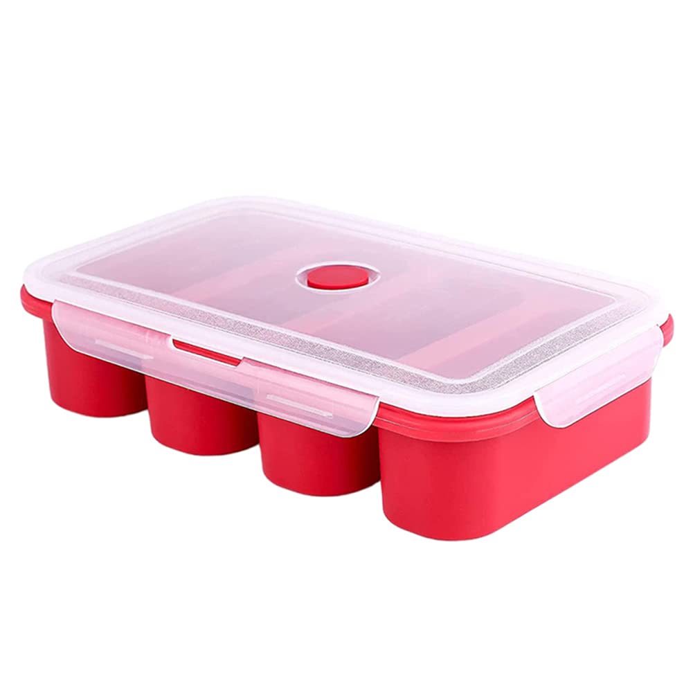 Plateau de congélation Garvee en silicone à 4 compartiments pour soupes, bouillons et sauces, 4 cubes avec couvercles, rouge
