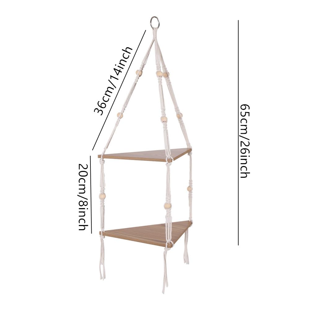 Étagère suspendue d'angle à 2 niveaux Garvee avec corde, support pour plantes style bohème rustique en bois, réglable pour salon et jardin