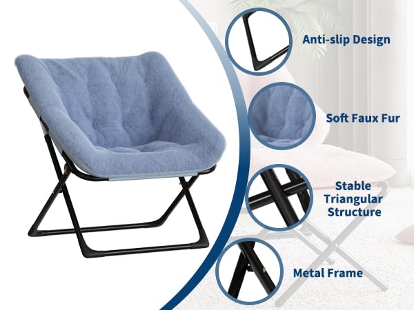 Fauteuil confortable Garvee XL en fausse fourrure avec structure en métal et base antidérapante pour salon et chambre, bleu, XL