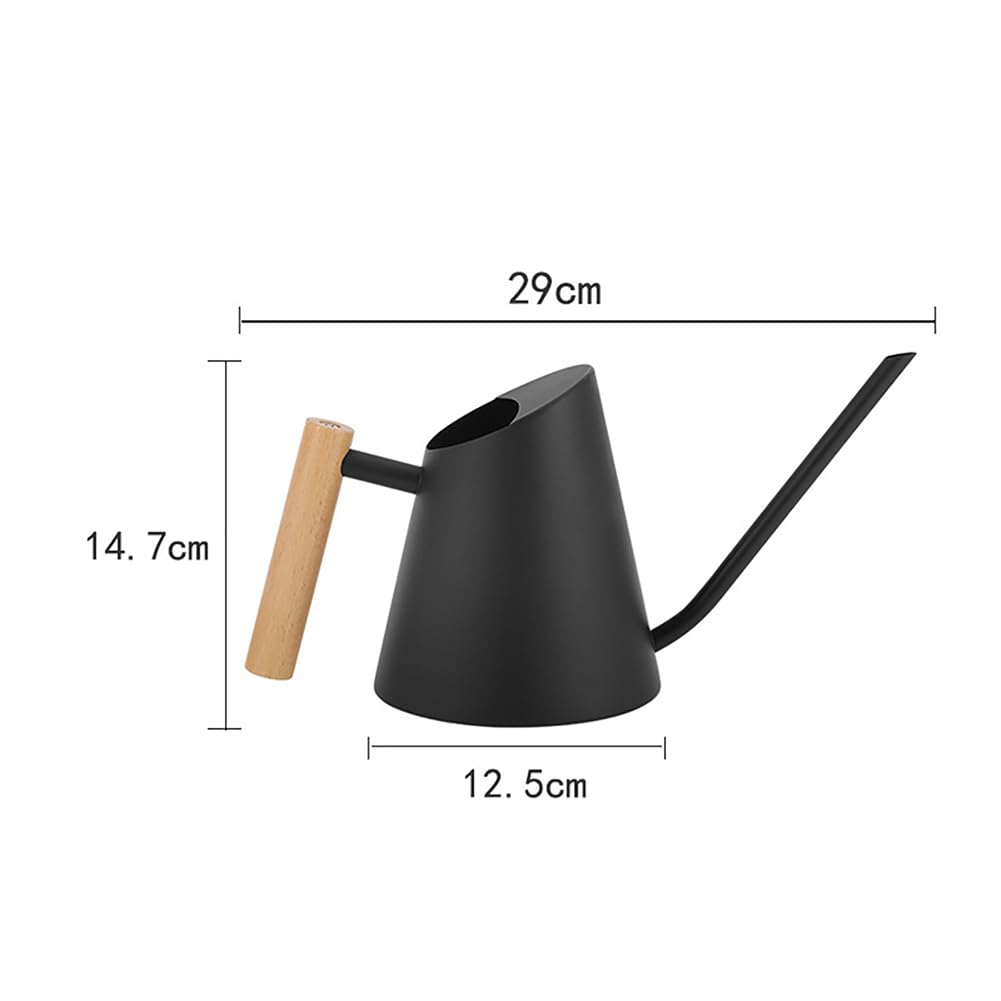 Arrosoir Garvee en acier inoxydable 900 ml avec long bec et poignée en bois pour plantes d'intérieur, noir, anti-goutte, antirouille