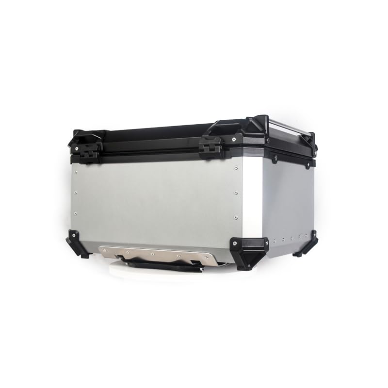 Top case moto Garvee 80L en alliage d'aluminium avec serrure de sécurité, étanche, robuste et polyvalent, couleur argent.