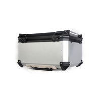 Top case moto Garvee 80L en alliage d'aluminium avec serrure de sécurité, étanche, robuste et polyvalent, couleur argent.