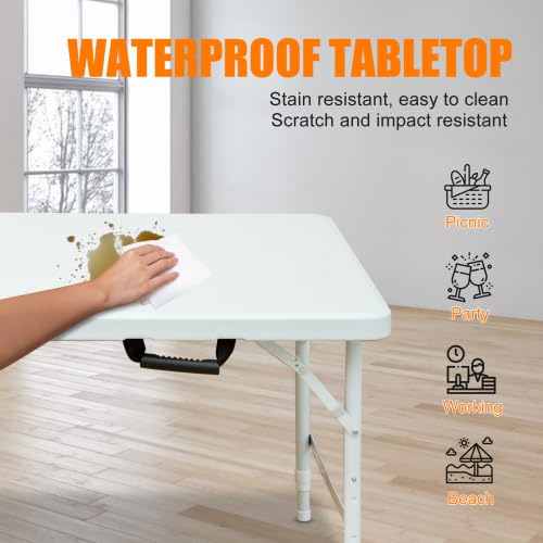 Garvee Table pliante 120cm, robuste, portable, pieds antidérapants, réglable, en plastique, imperméable, blanche, pour intérieure et extérieure