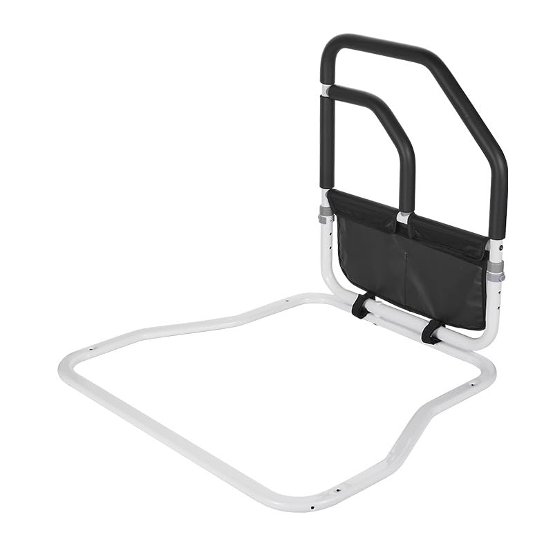 Barrière de lit de sécurité Garvee pour personnes âgées avec double main courante, sac de rangement, cadre en acier, noir, 68 x 63 x 62 cm