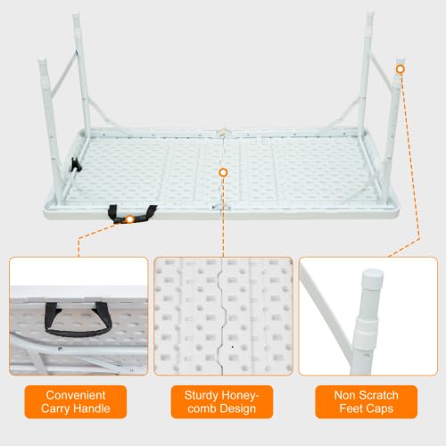 Garvee Table pliante 120 cm, robuste, portable, pieds antidérapants, réglable, en plastique, imperméable, blanche, pour intérieure et extérieure