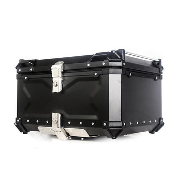 Top case moto Garvee 80L en alliage d'aluminium avec serrure de sécurité, étanche, robuste et polyvalent, couleur argent.