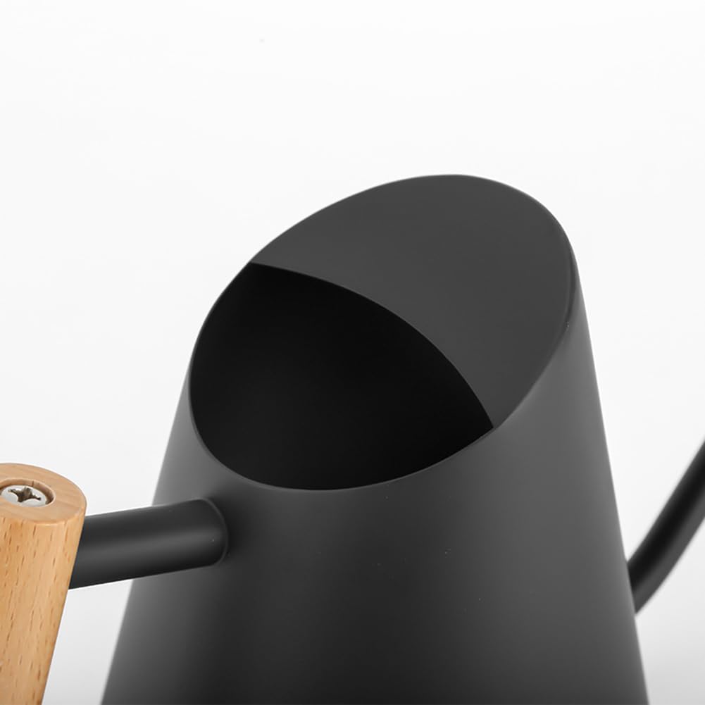 Arrosoir Garvee en acier inoxydable 900 ml avec long bec et poignée en bois pour plantes d'intérieur, noir, anti-goutte, antirouille