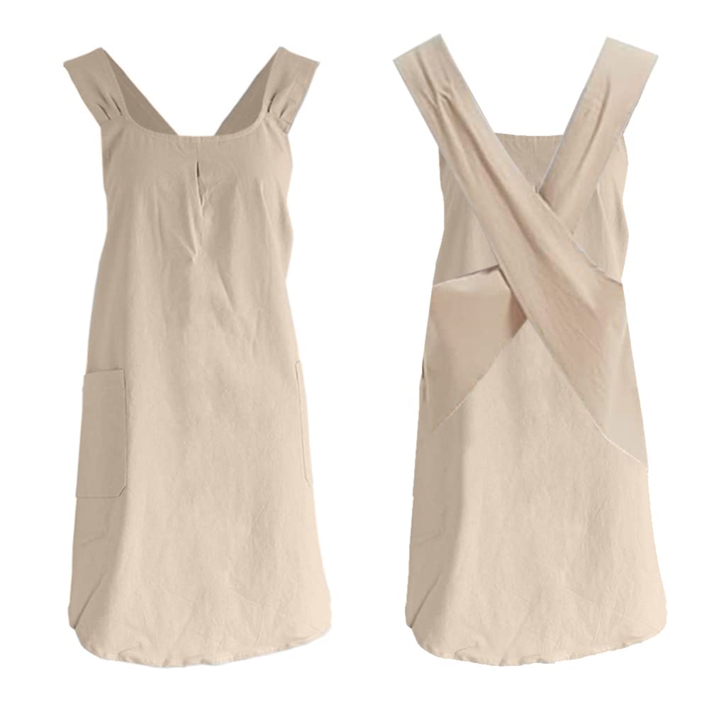 Tablier Garvee en coton et lin pour femme, style tablier, bretelles croisées ouvertes, 2 grandes poches, idéal pour la cuisine et les grillades, 72 x 90 cm, couleur naturelle