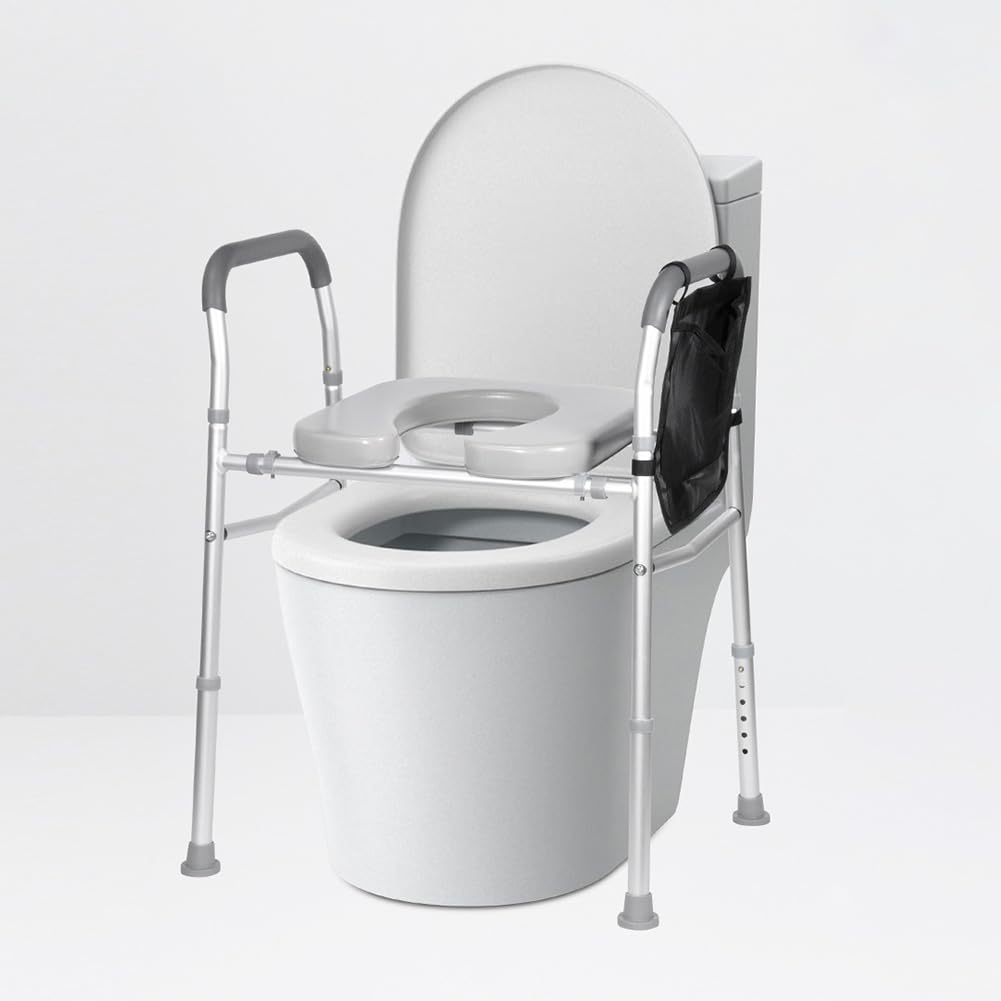 Garvee Siège de WC surélevé réglable avec accoudoirs et cadre indépendant pour salle de bain, matériau résistant, poches latérales et pieds antidérapants.