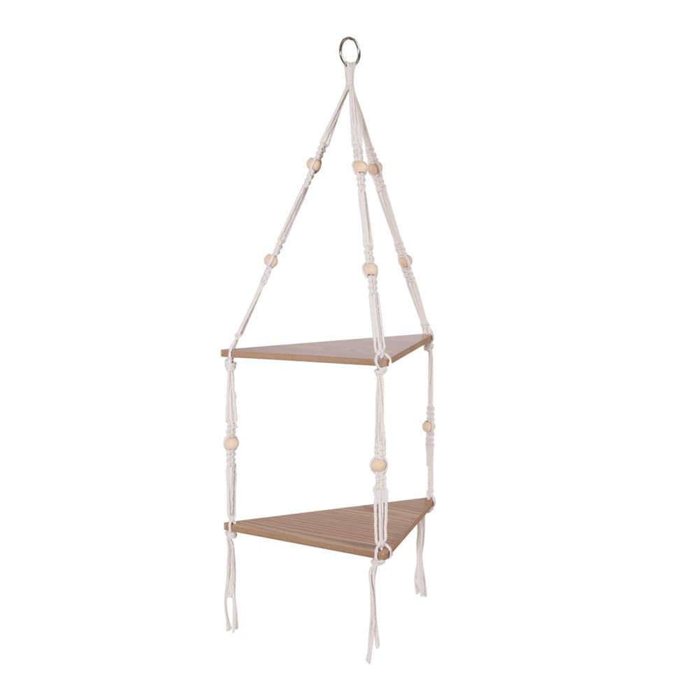 Étagère suspendue d'angle à 2 niveaux Garvee avec corde, support pour plantes style bohème rustique en bois, réglable pour salon et jardin