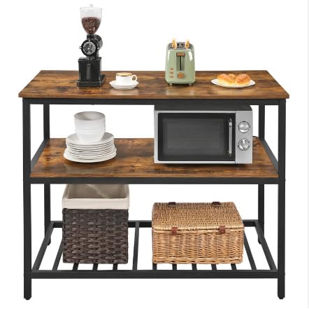 Garvee étagère de cuisine à 3 niveaux avec grand plan de travail, structure robuste en acier, style industriel, 120 × 60 × 90 cm, marron rustique