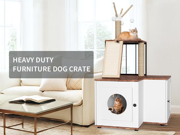 Garvee Arbre à chat 2 en 1 grand modèle avec bac à litière intégré, plusieurs niveaux, griffoir en bois et balles suspendues, pour intérieur
