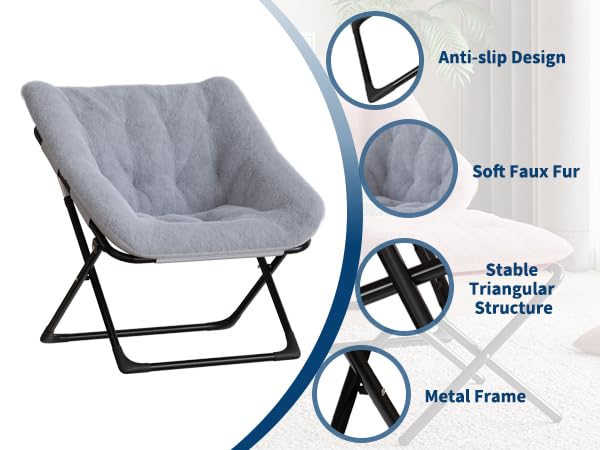 Fauteuil lounge Garvee Comfy Chair extra large avec structure en métal, revêtement en fausse fourrure ultra-douce, pliable, base antidérapante, gris pour salon et chambre