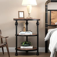 Garvee table d'appoint ronde à 3 étagères, pieds de support en métal, MDF rustique pour le salon et la chambre, 60 cm h × 46 cm l × 46 cm l, brune rustique