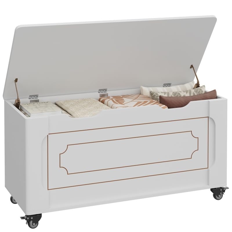 Coffre de rangement Garvee avec 4 roues, 2 charnières de sécurité, banc en bois de 100 cm (39,4 po), capacité de charge de 159 kg (350 lb), blanc, polyvalent pour le salon et le couloir.