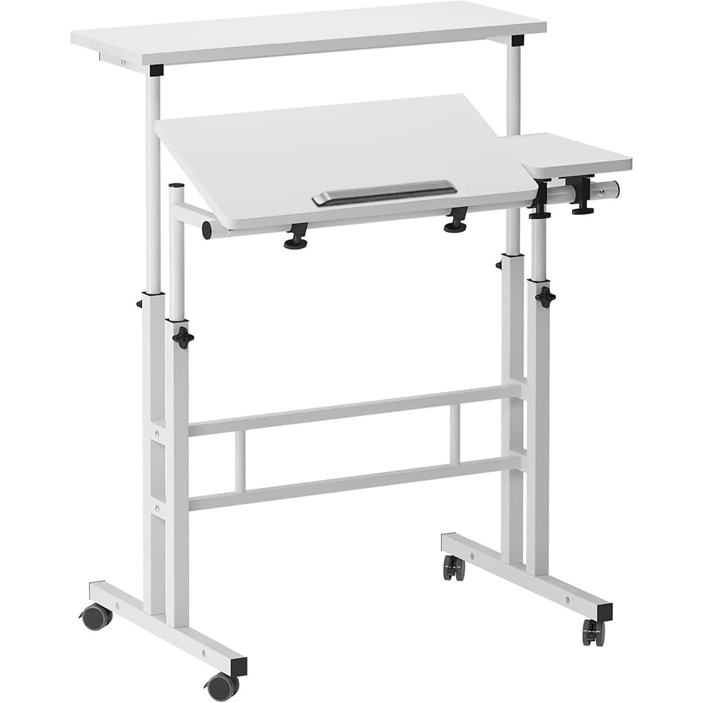 Garvee Bureau d'ordinateur, réglable en hauteur de 70 à 115cm, bureau assis-debout mobile à roulettes, blanc 80×60cm, pour la maison et le bureau