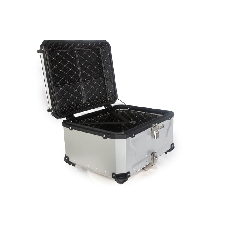 Top case moto Garvee 80L en alliage d'aluminium avec serrure de sécurité, étanche, robuste et polyvalent, couleur argent.