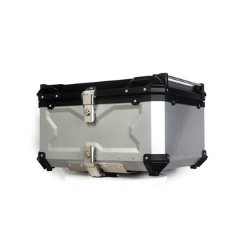 Top case moto Garvee 80L en alliage d'aluminium avec serrure de sécurité, étanche, robuste et polyvalent, couleur argent.