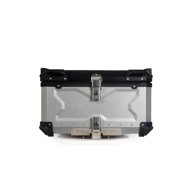 Top case moto Garvee 80L en alliage d'aluminium avec serrure de sécurité, étanche, robuste et polyvalent, couleur argent.