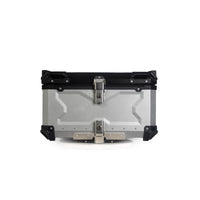 Top case moto Garvee 80L en alliage d'aluminium avec serrure de sécurité, étanche, robuste et polyvalent, couleur argent.