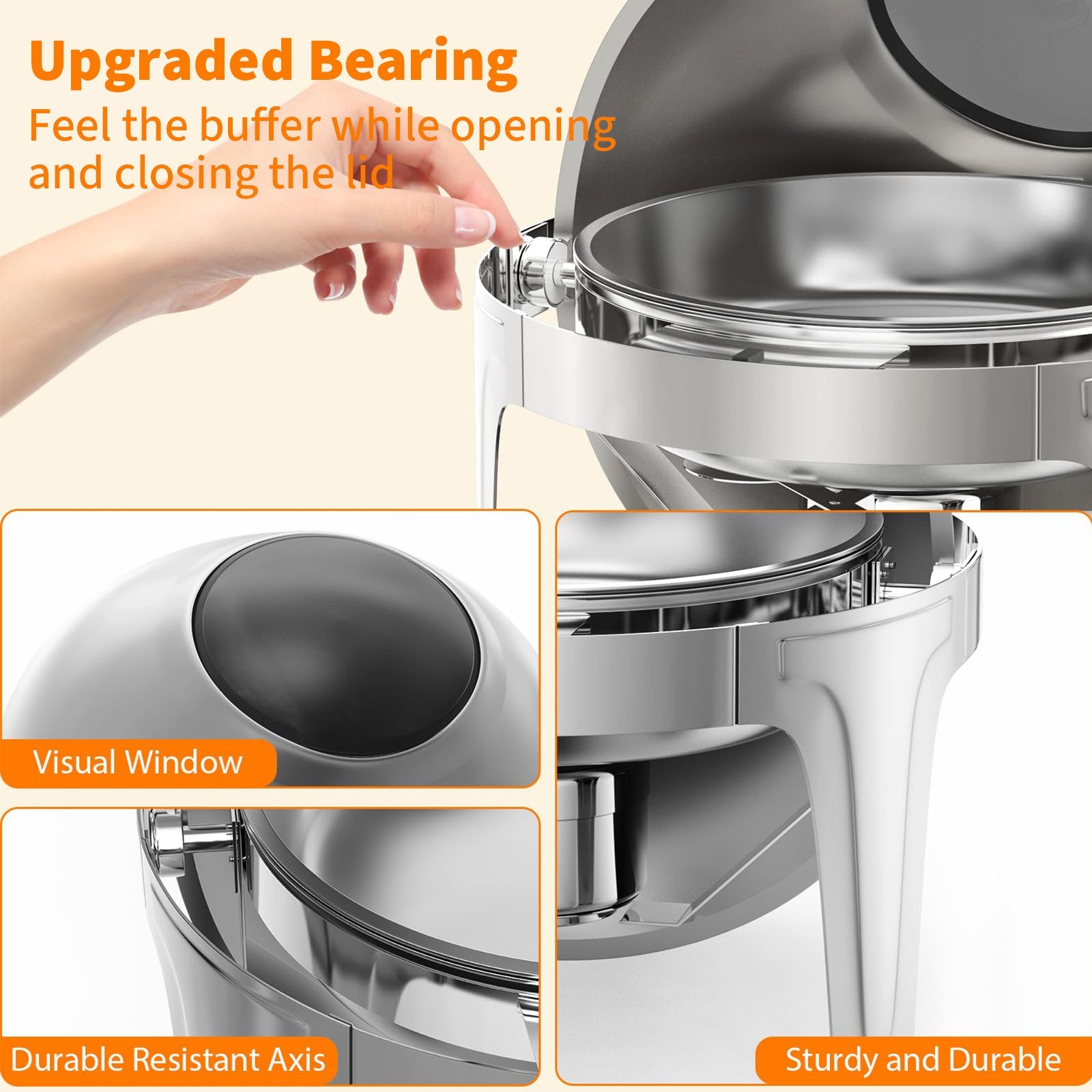 Chafing dish Garvee à couvercle roulant, 6,3 L, en acier inoxydable avec fenêtre en verre, ouverture à 90/180° et poignée en T. Idéal pour les fêtes, banquets, buffets et hôtels.