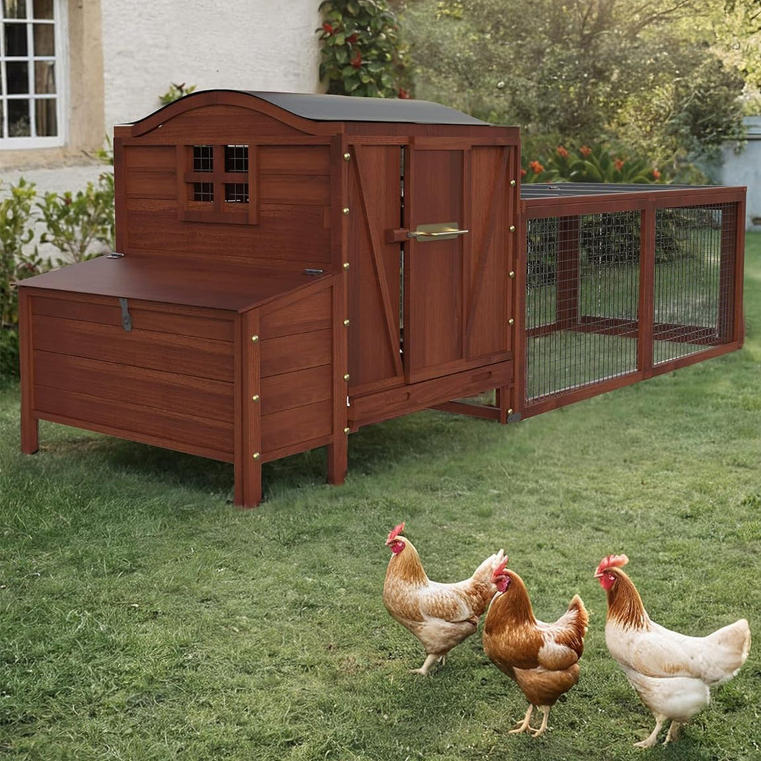 Poulailler Garvee grand format avec toit et enclos, 269 x 81 x 91 cm, convient pour 3 à 5 poules, 0,62 m² de couchage et 1,28 m² de parcours extérieur, cage à poules résistante aux intempéries pour jardin, usage extérieur et autosuffisance.
