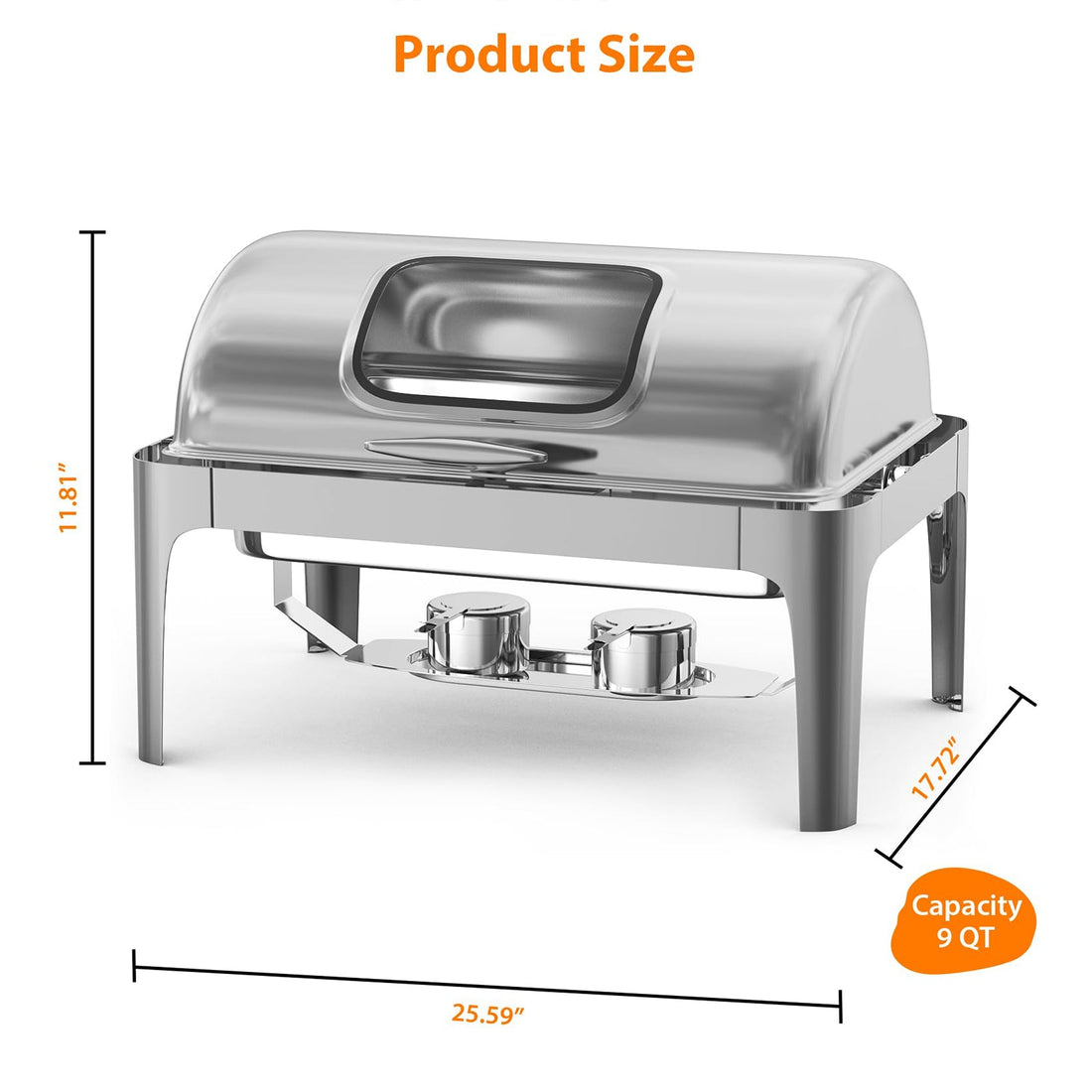 Garvee Chauffe-plats 8,5 L à couvercle roulant avec fenêtre en verre, chauffe-plats en acier inoxydable pour buffets et traiteurs