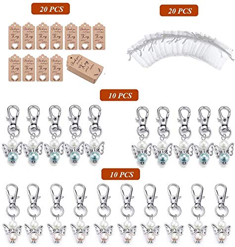 Garvee Lot de 20 porte-clés anges avec sachets en organza et cartes de remerciement, cadeau idéal pour baptême, naissance, mariage ou fête, argent.
