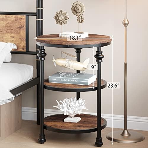 Garvee table d'appoint ronde à 3 étagères, structure en acier, plateau en MDF, dimensions 46 cm (P) × 46 cm (L) × 60 cm (H), chêne foncé