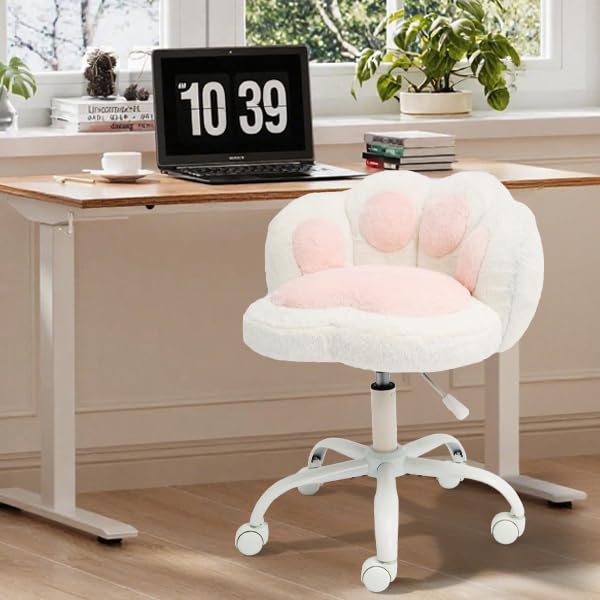 Chaise de coiffeuse Garvee à roulettes, pivotante à 360°, réglable en hauteur, coussin moelleux, structure en métal, dossier en forme de patte de chat, confortable et stable, grise, idéale pour le bureau et la chambre.