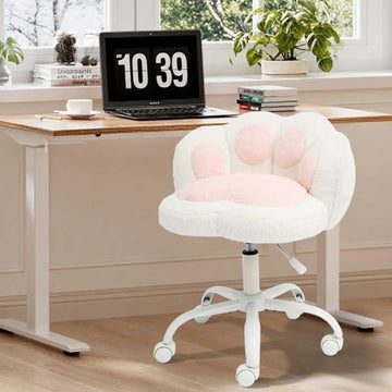 Chaise de coiffeuse Garvee à roulettes, pivotante à 360°, réglable en hauteur, coussin moelleux, structure en métal, dossier en forme de patte de chat, confortable et stable, grise, idéale pour le bureau et la chambre.
