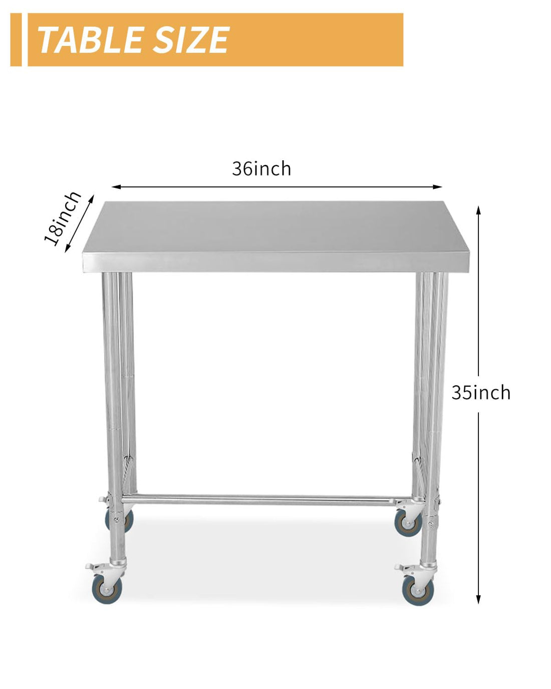 Table de travail Garvee en acier inoxydable 18 x 36 pouces avec roulettes pour cuisine et atelier, stable, mobile, antirouille, ergonomique et polyvalente