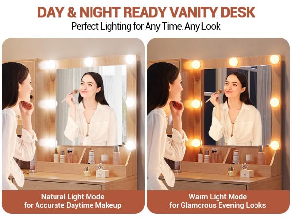 Coiffeuse Garvee avec miroir et éclairage, MDF robuste, éclairage à intensité variable, ports USB, chambre, blanche