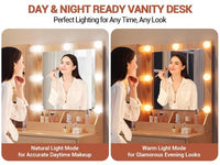 Coiffeuse Garvee avec miroir et éclairage, MDF robuste, éclairage à intensité variable, ports USB, chambre, blanche
