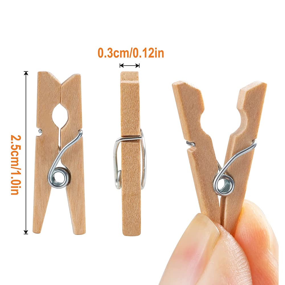 Garvee Lot de 100 mini pinces à linge en bois naturel de 2,5 cm avec ficelle de jute pour décoration et jardinage.